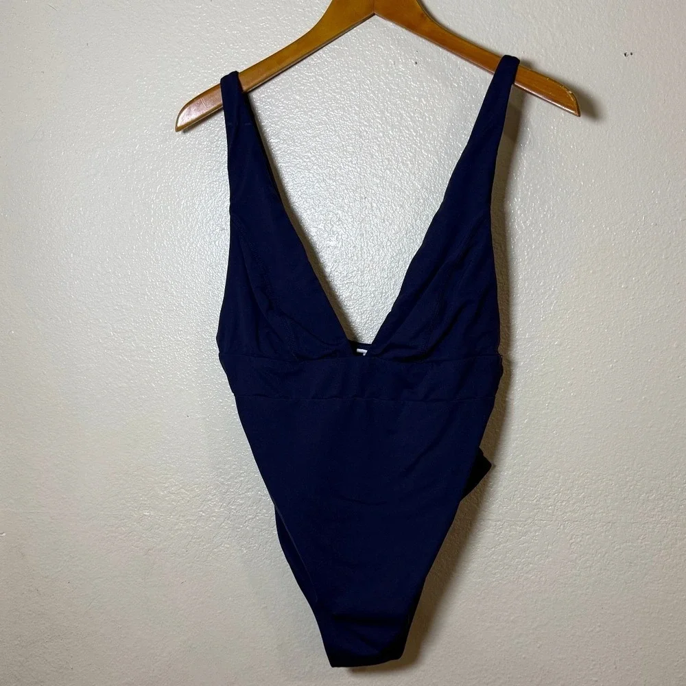 Andie Women One Piece Swimsuit Large‎ Navy Blue Deep V Neck Minimalist Coastal